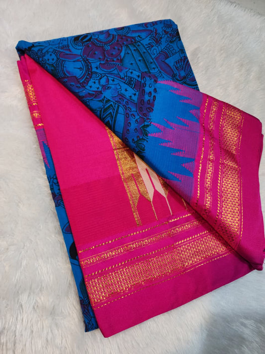 Blue Kalamkari Cotton Saree with Pink Ilkal-Inspired Border