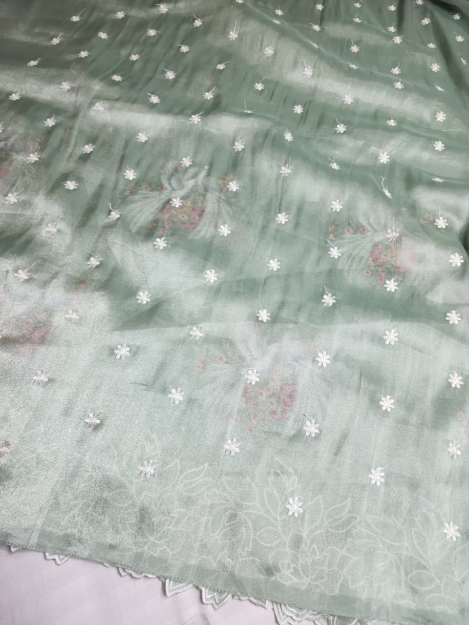 Mint Green Tissue Organza Embroidered Party Wear Saree