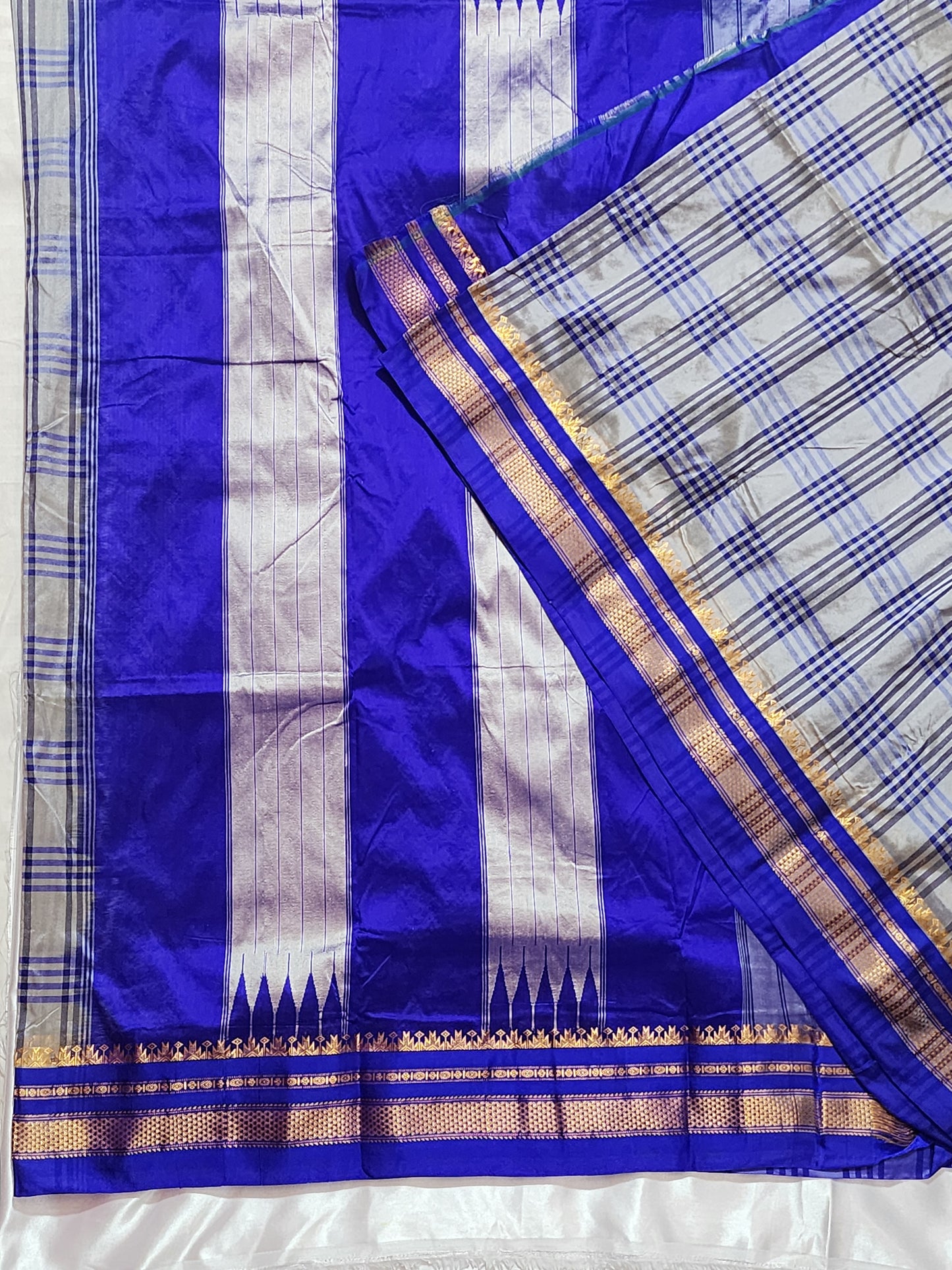 Ash Blue Checks Ilkal Saree