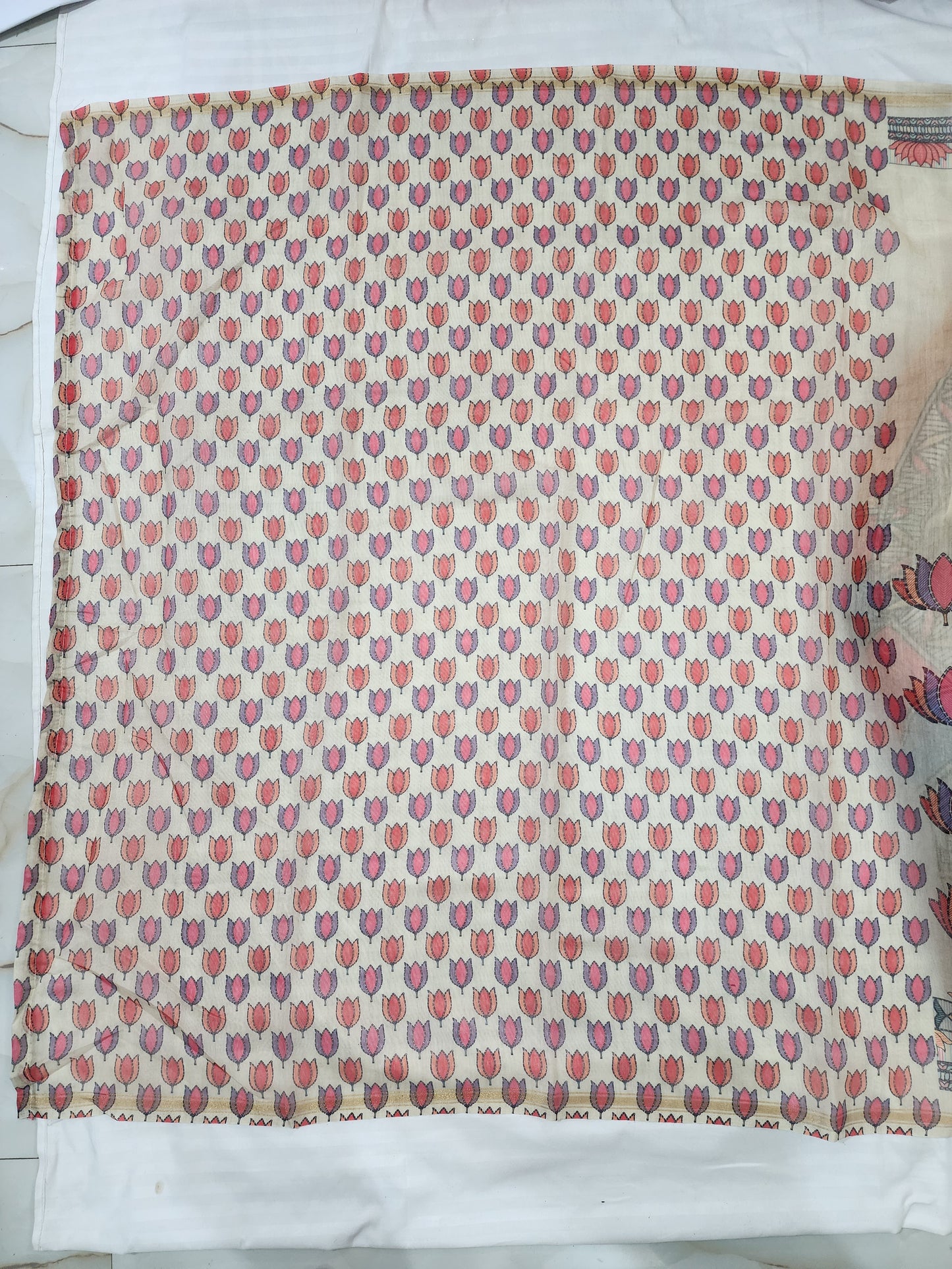 Beige Linen Cotton Saree with Vibrant Lotus and Fish Motif Print