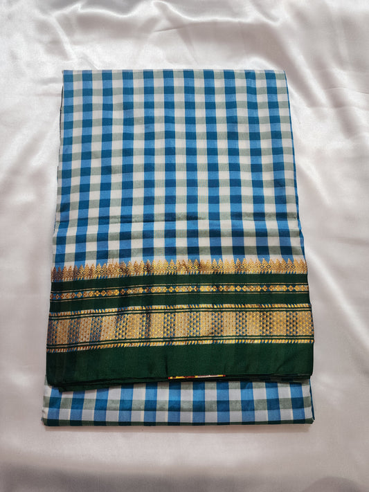 Blue-Green Checks Ilkal Semi-silk Saree
