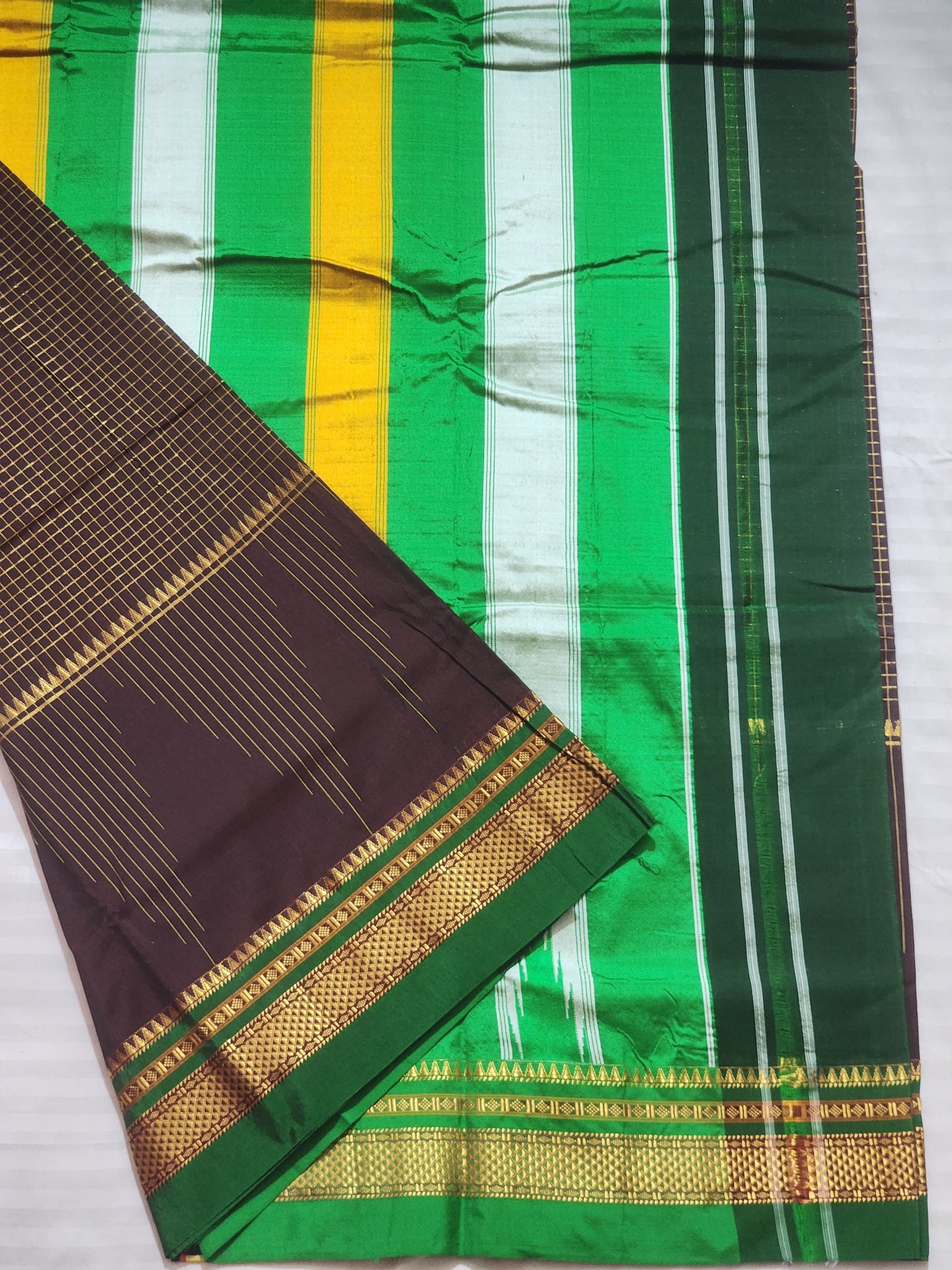 Brown Checked Ilkal Saree with Skirt border