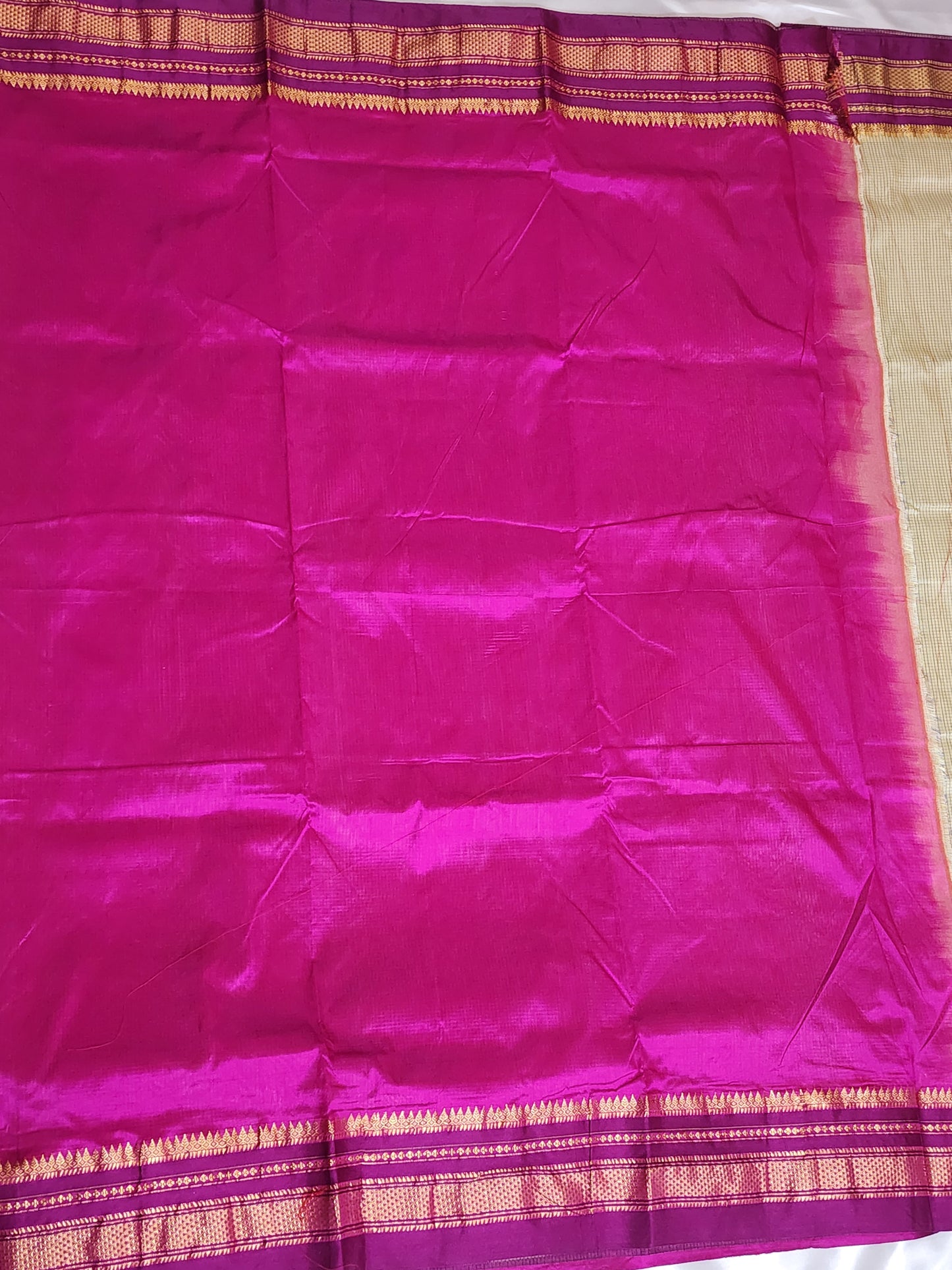 Cream Checked Ilkal Saree with Pink Zari Border