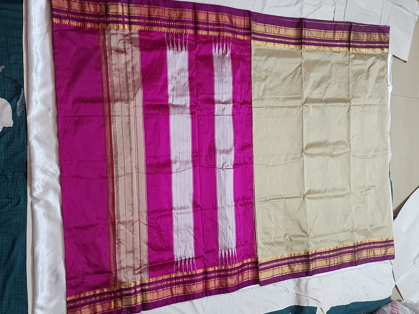 Cream Checked Ilkal Saree with Pink Zari Border
