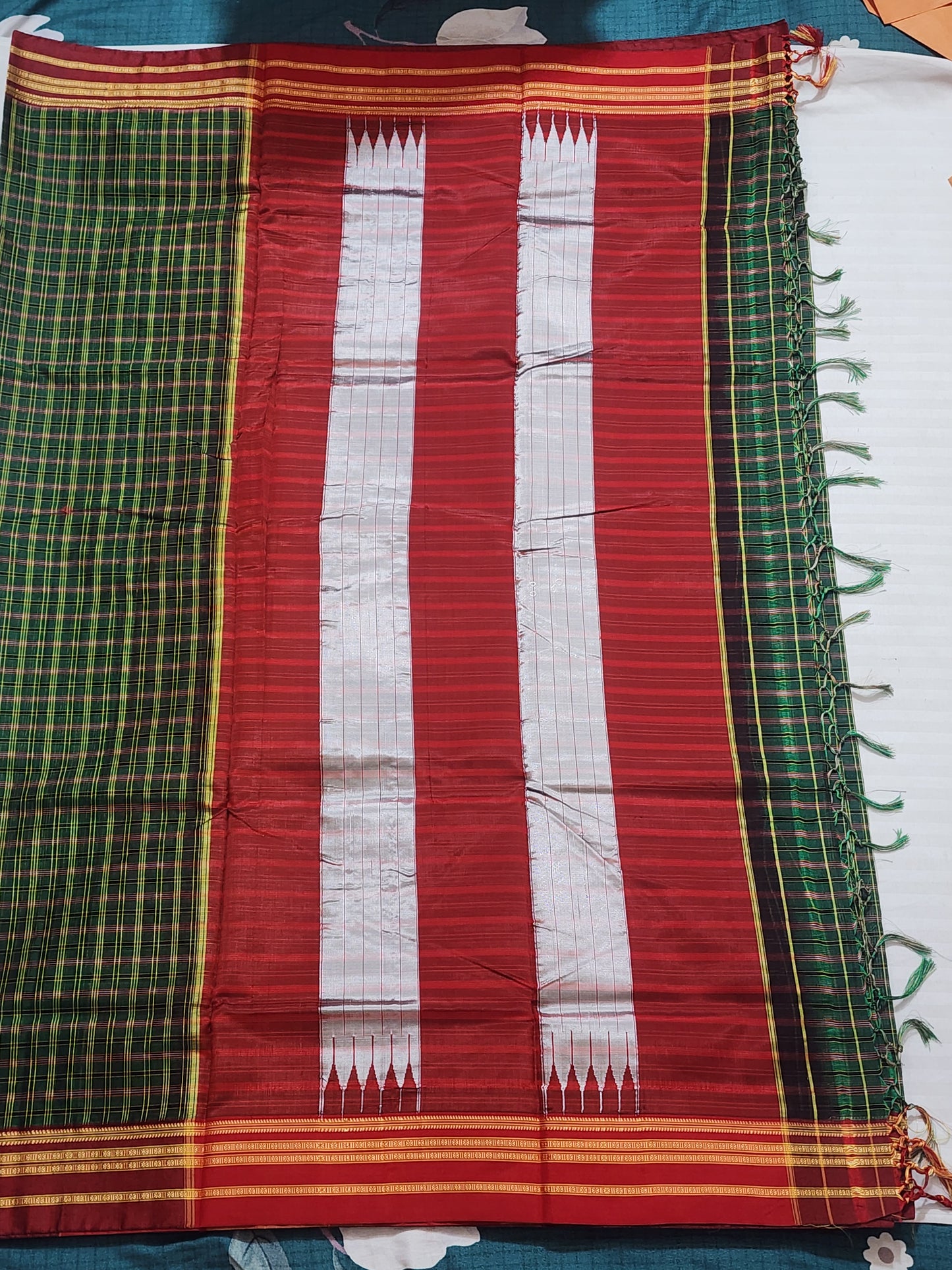 Green Maroon Ilkal Cotton Checks Saree