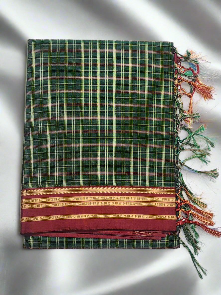 Green Maroon Ilkal Cotton Checks Saree