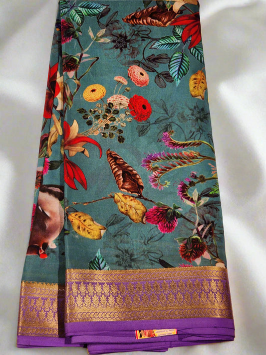 Teal Floral Print Mysore Silk Saree