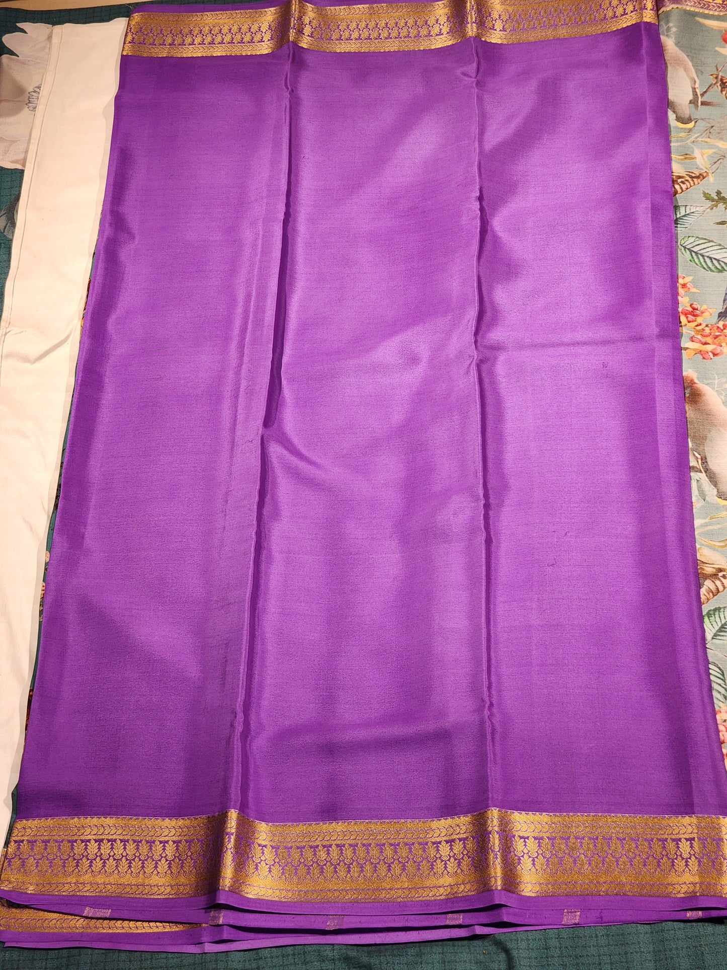 Teal Floral Print Mysore Silk Saree