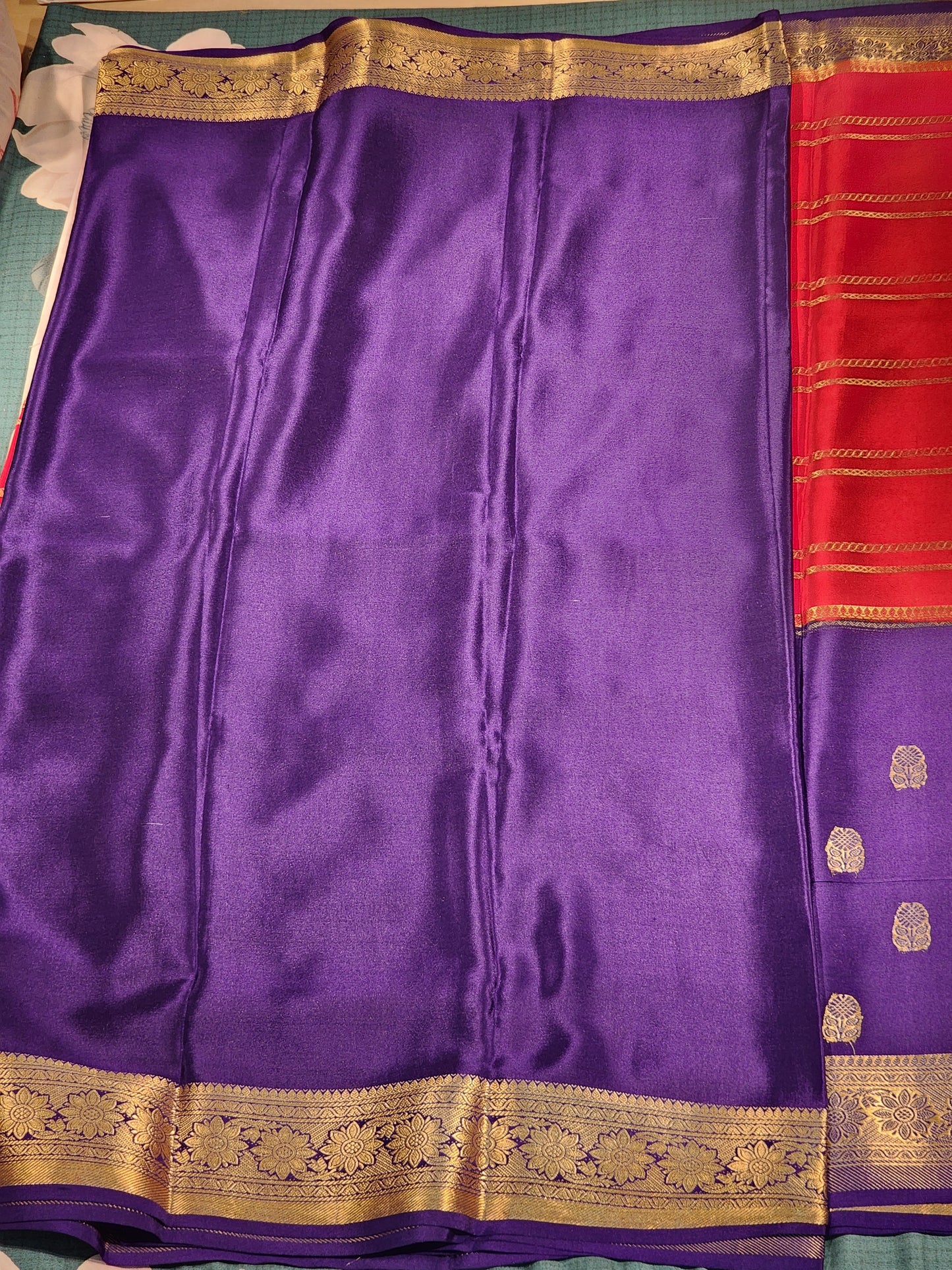 Royal Blue & Red Mysore Silk Saree with Gold Floral Motifs