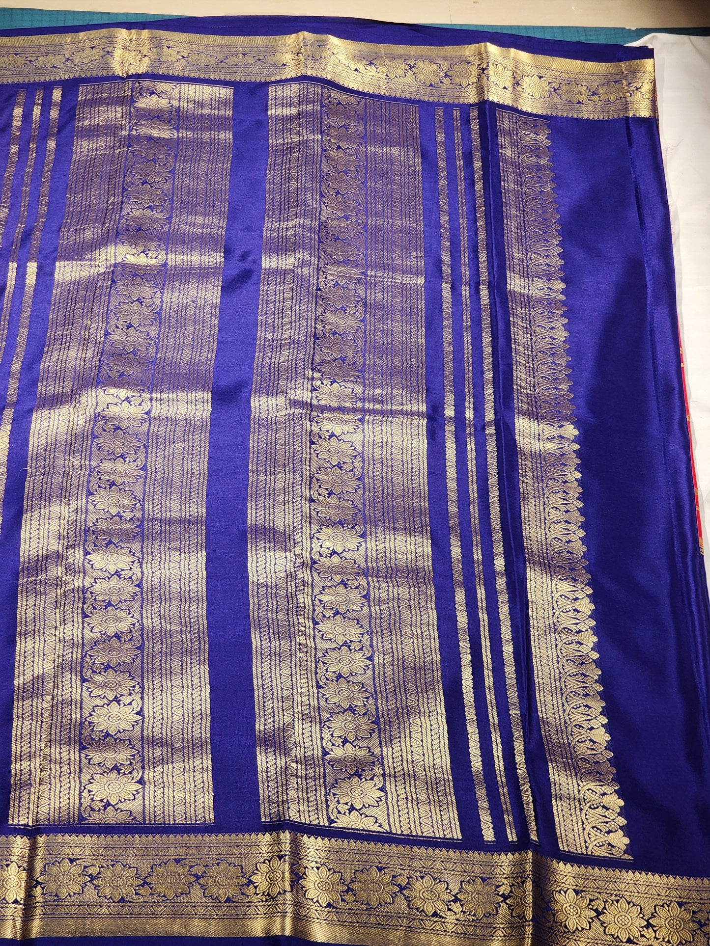 Royal Blue & Red Mysore Silk Saree with Gold Floral Motifs