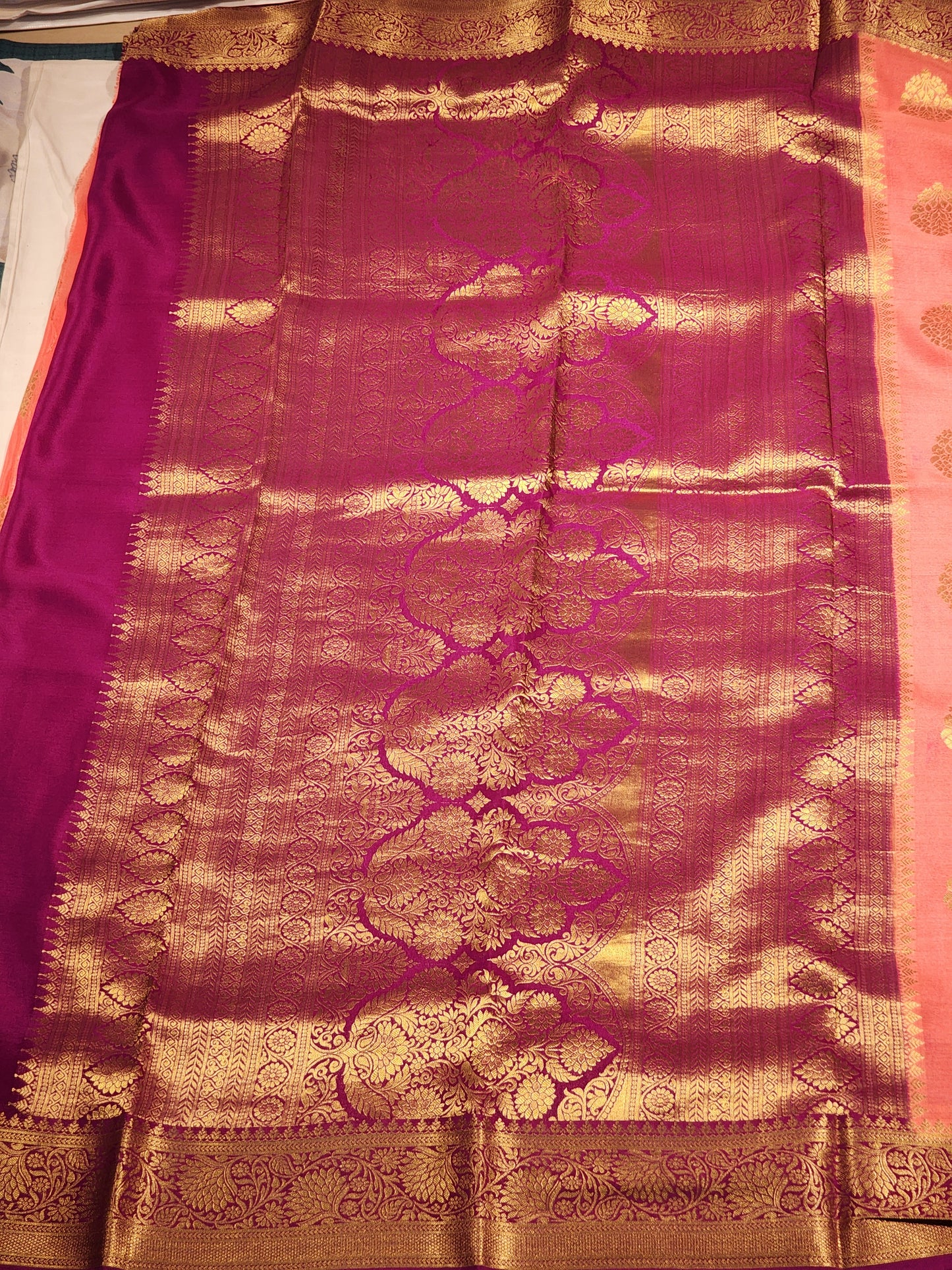 Peach Mysore Silk Saree with Gold Floral Motifs