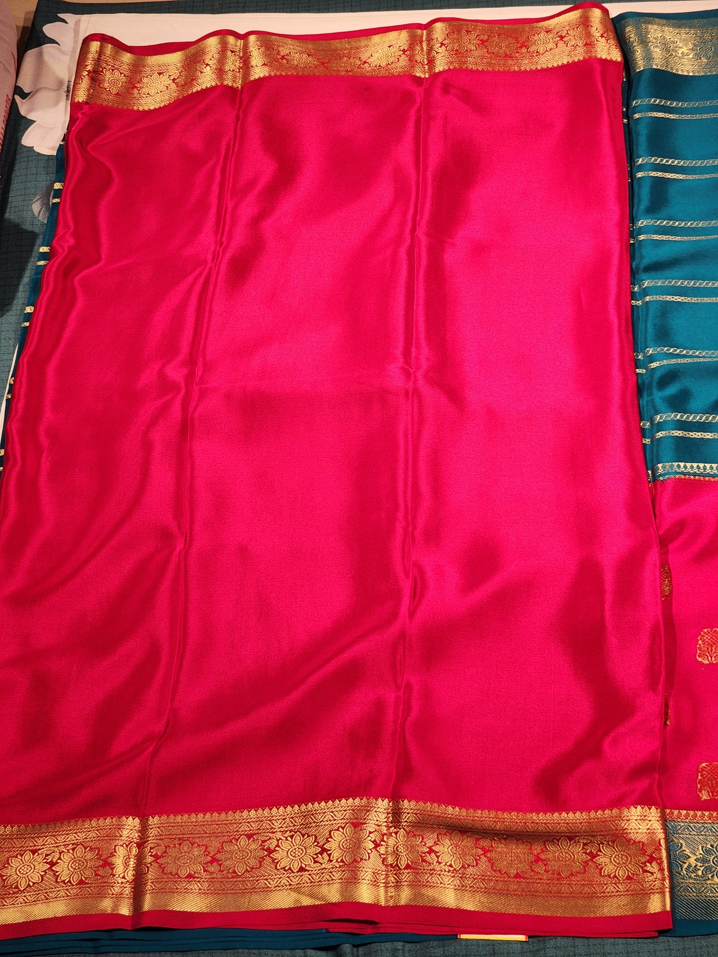 Pink & Teal Mysore Silk Saree with Gold Floral Motifs