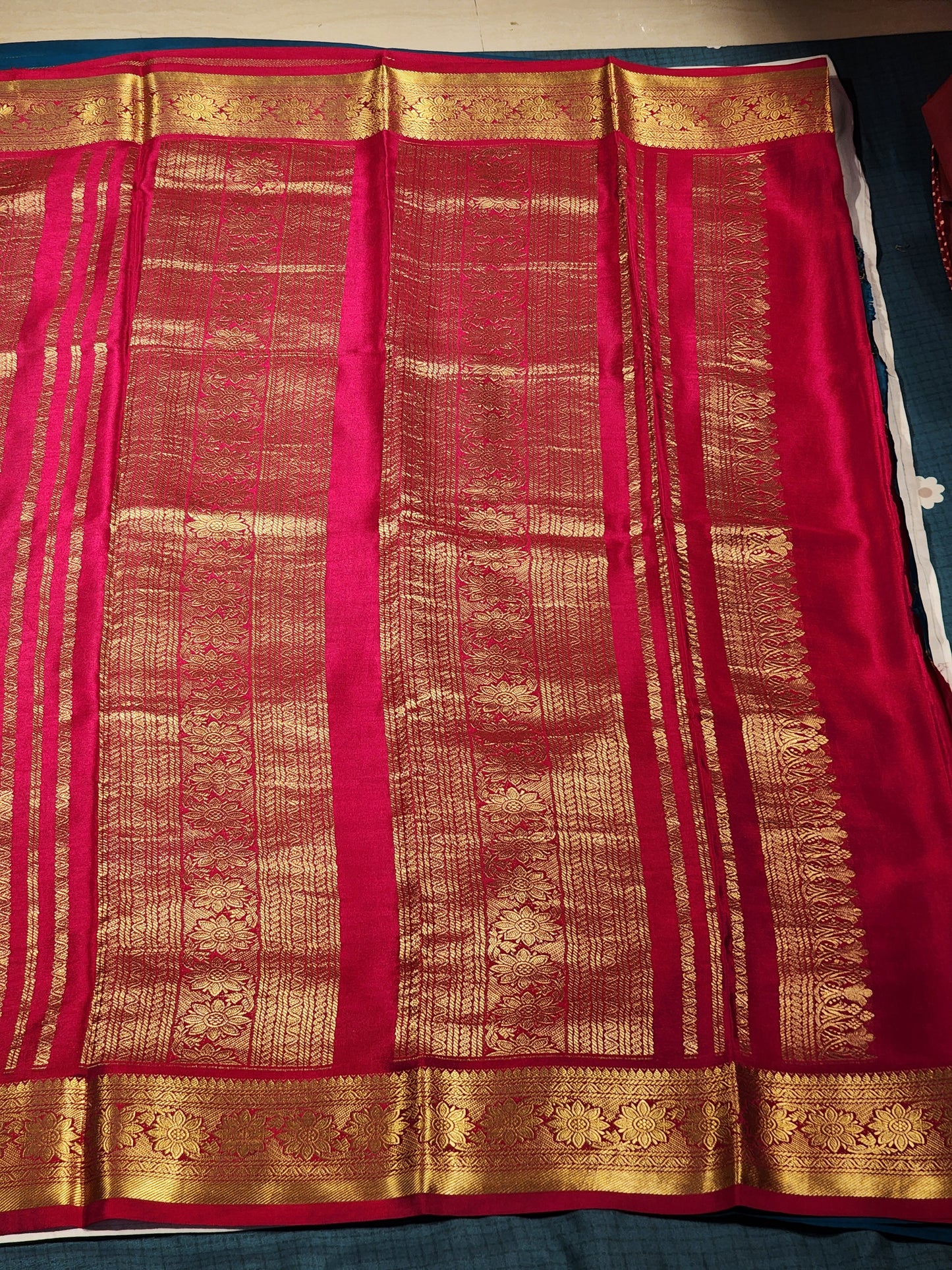 Pink & Teal Mysore Silk Saree with Gold Floral Motifs