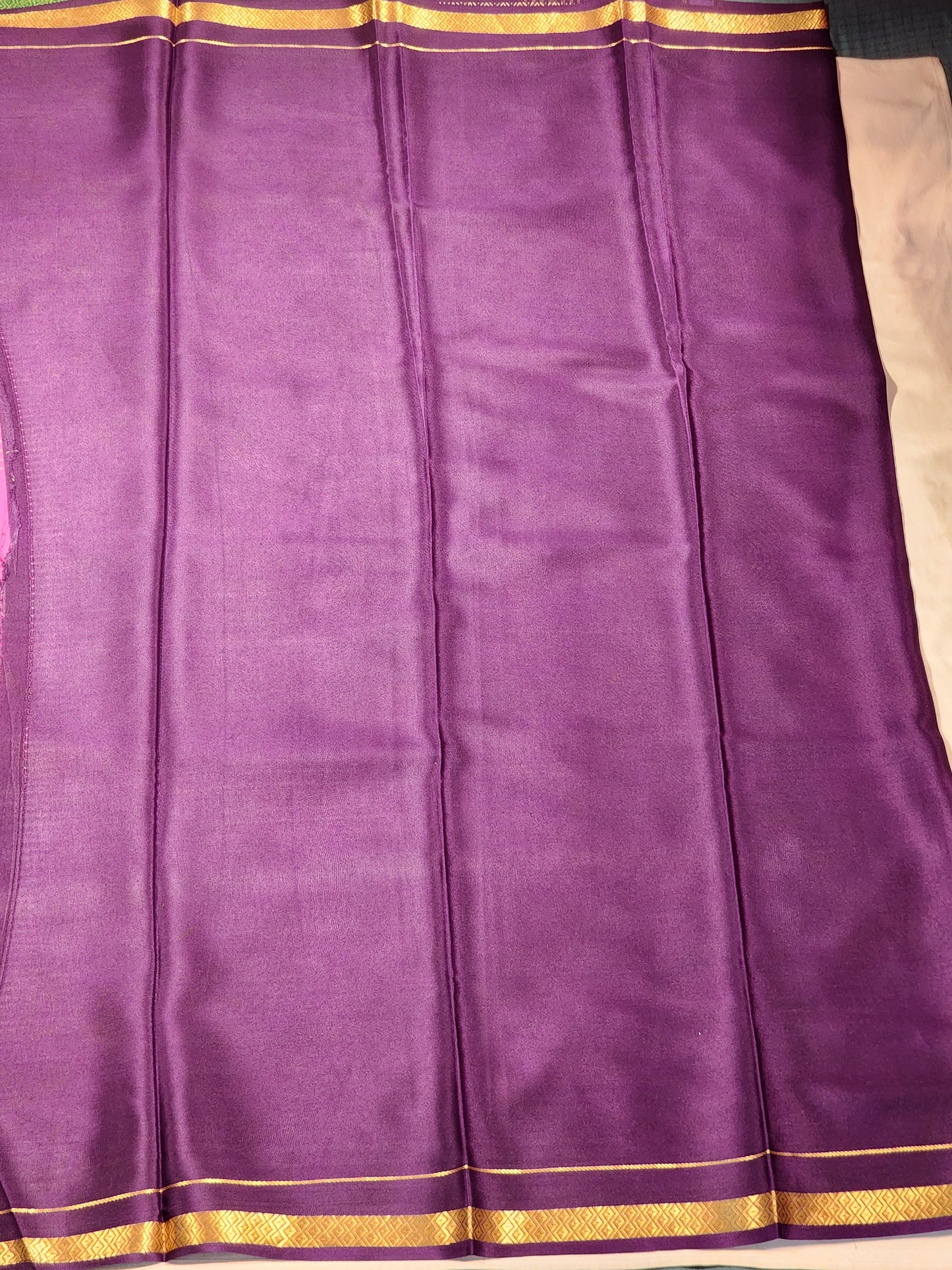 Pink, Purple & Green Mysore Silk Saree with Gold Zari Stripes