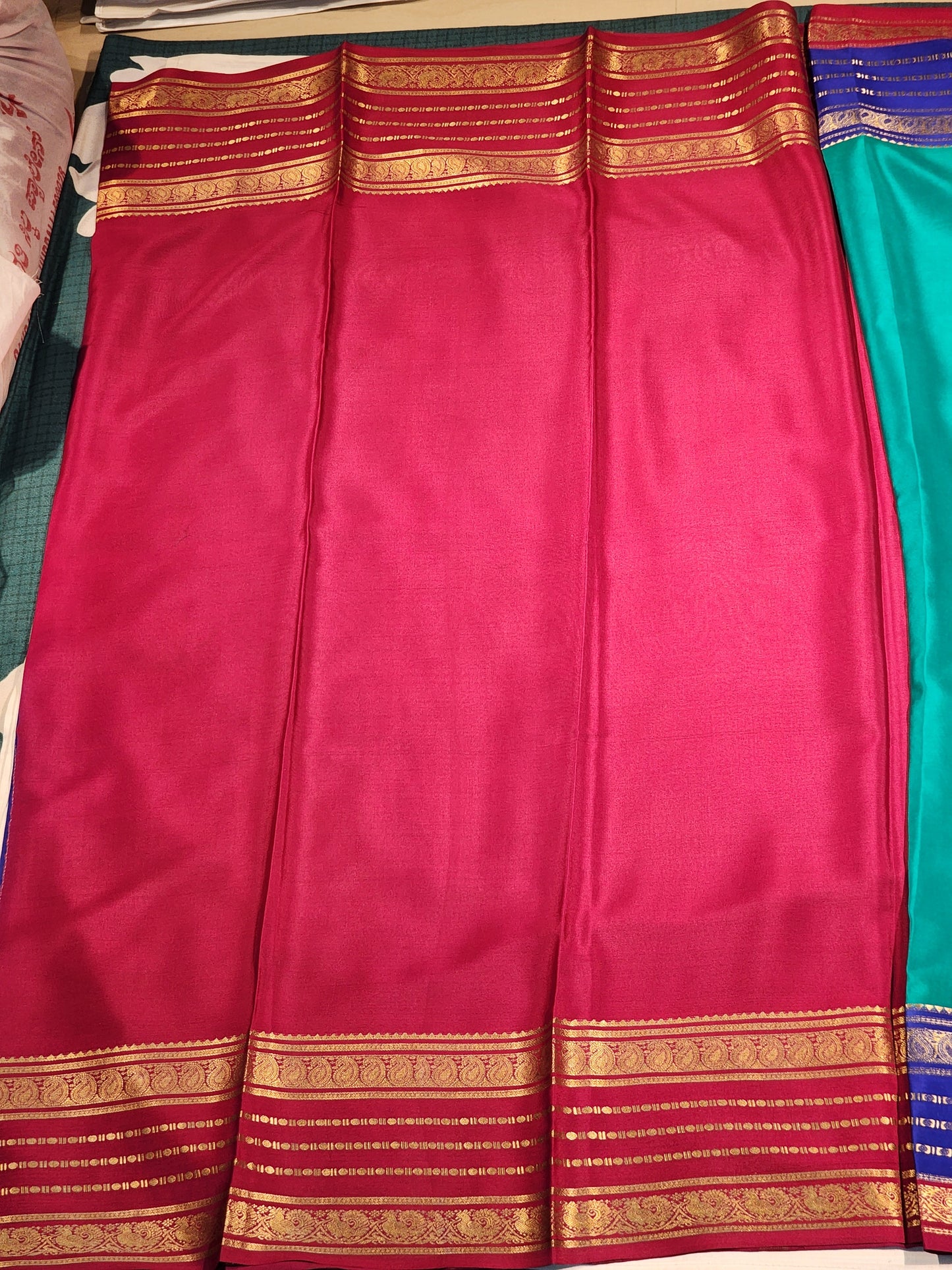 Teal Blue Mysore Silk Saree with Royal Blue & Maroon Zari Borders