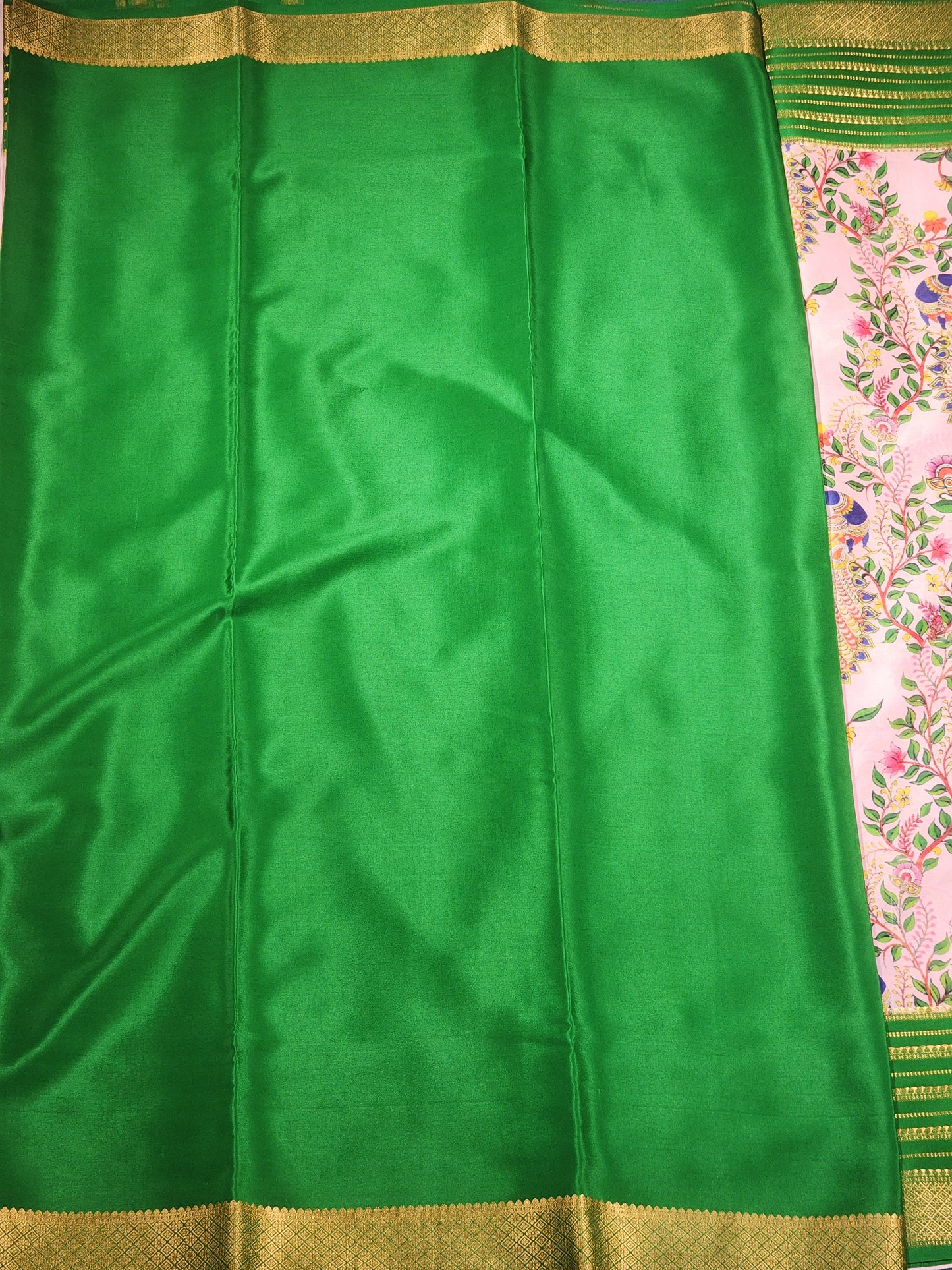 Mysore Silk Saree in Light Pink with Botanical & Peacock Print and Green Zari Border
