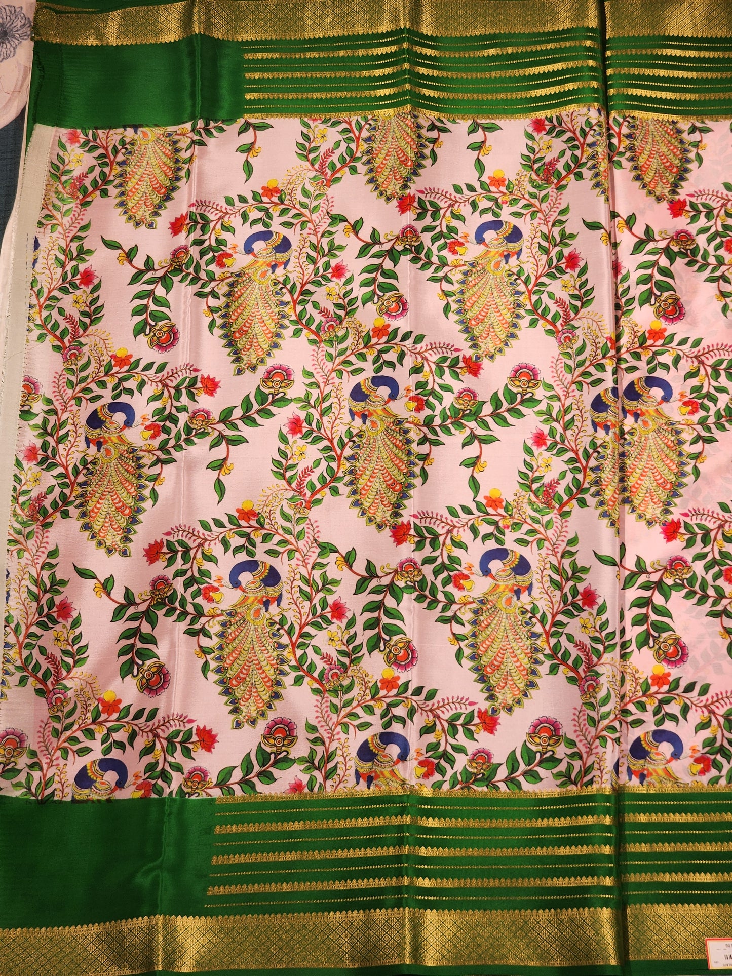 Mysore Silk Saree in Light Pink with Botanical & Peacock Print and Green Zari Border