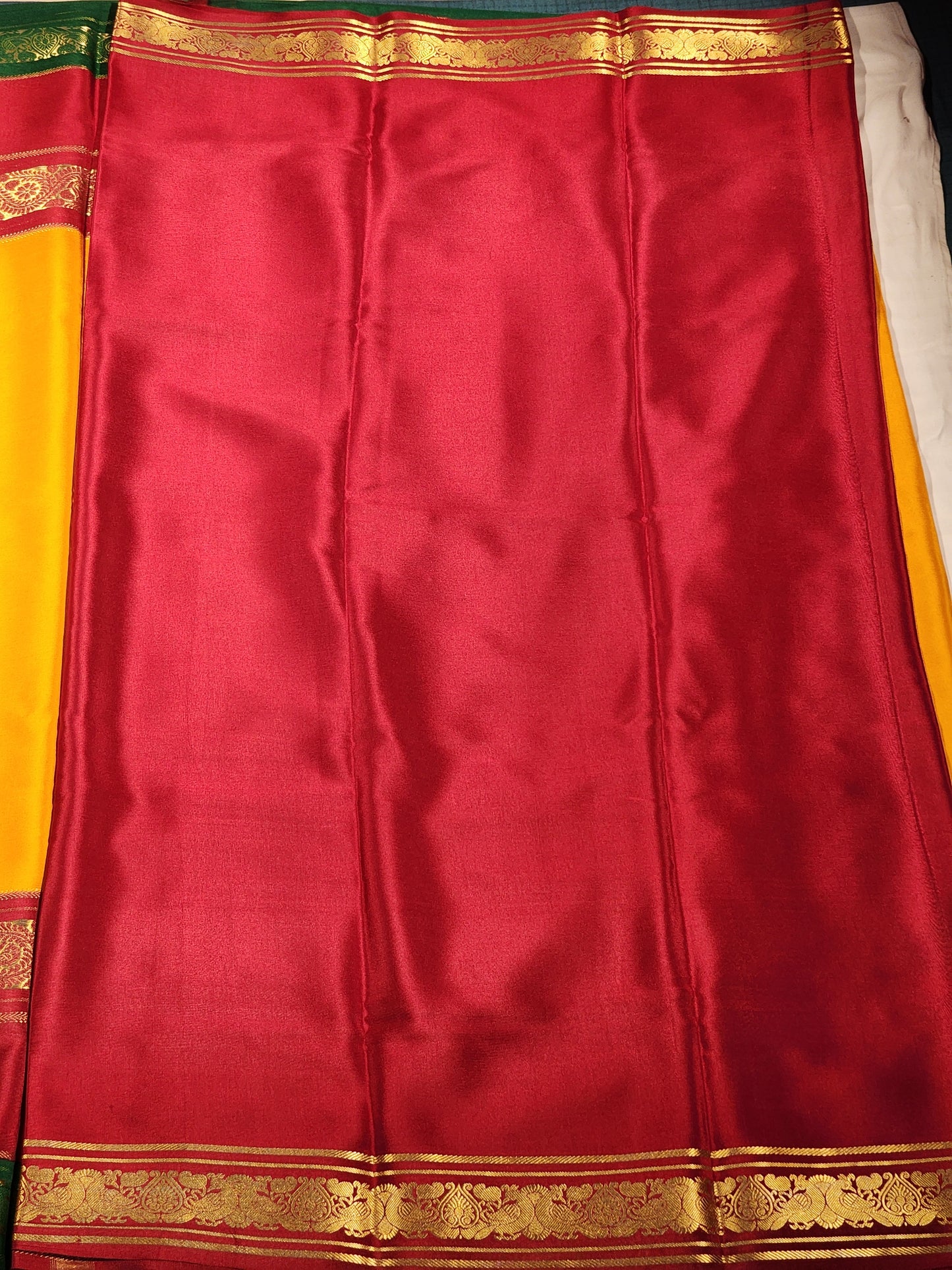 Mysore Silk Saree in Marigold Orange, Rich Red & Emerald Green with Floral Zari Border