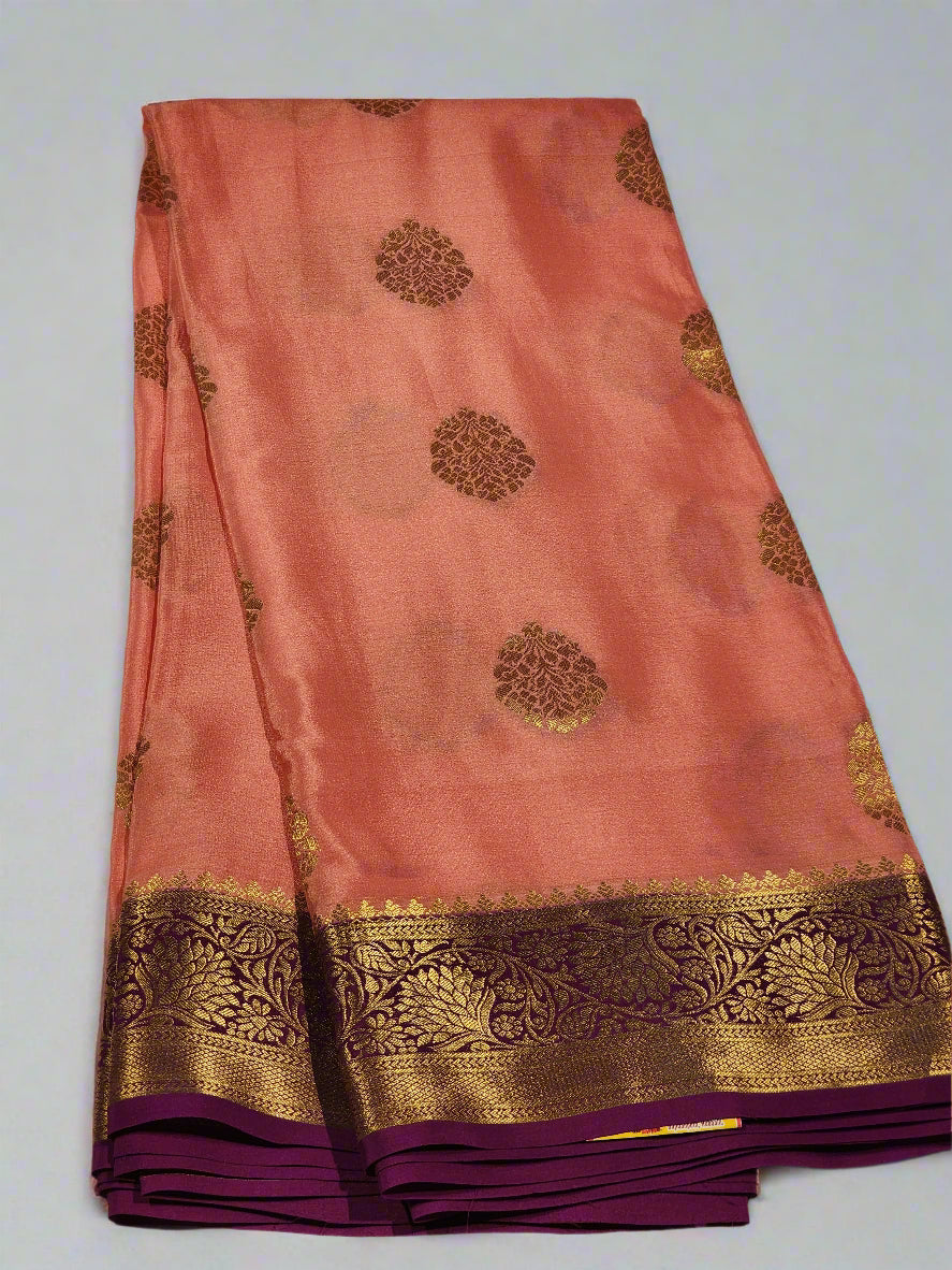 Peach Mysore Silk Saree with Gold Floral Motifs