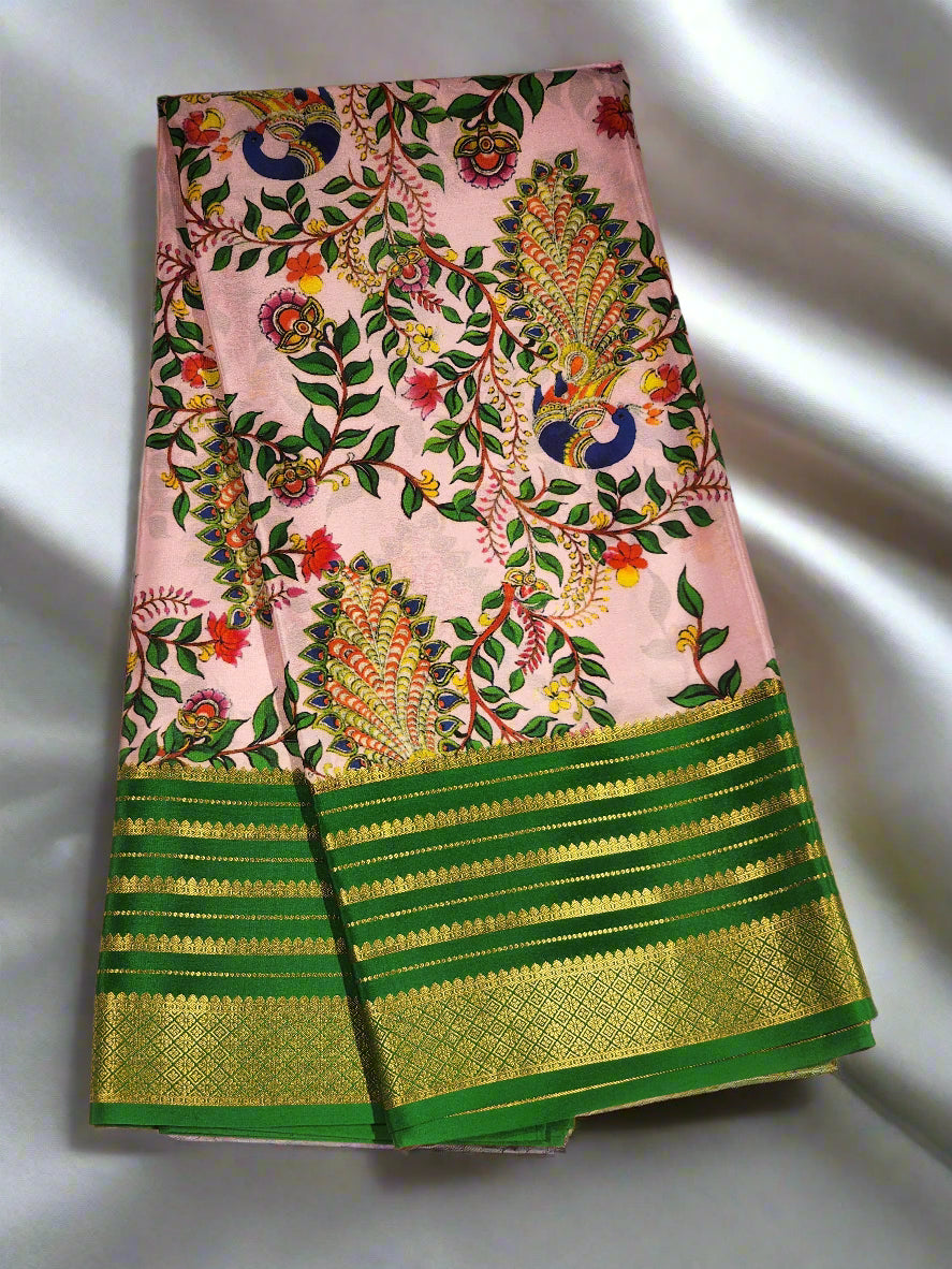 Mysore Silk Saree in Light Pink with Botanical & Peacock Print and Green Zari Border