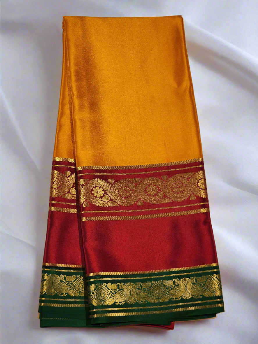Mysore Silk Saree in Marigold Orange, Rich Red & Emerald Green with Floral Zari Border