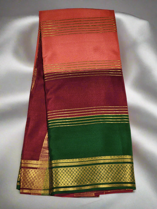Mysore Silk Saree in Peach, Maroon & Emerald Green with Rich Zari Border