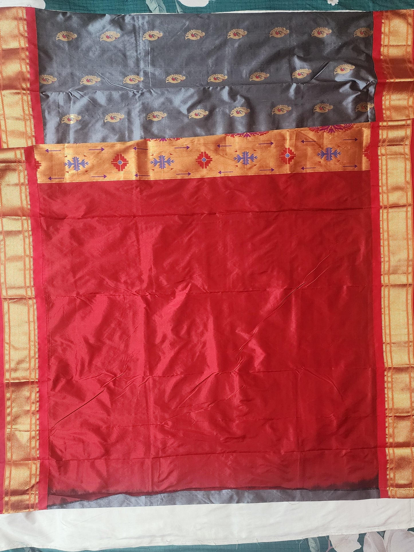 Grey Red Paithani silk