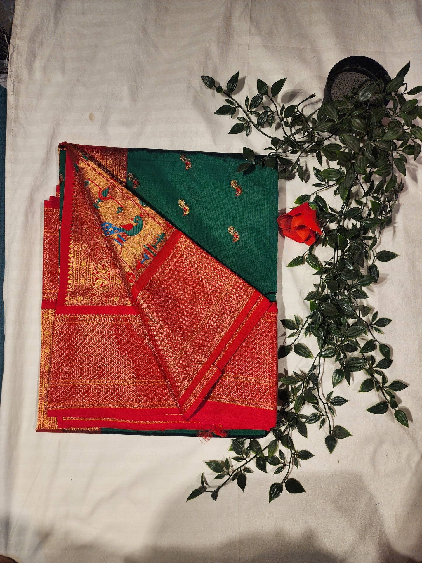 Paithani green red peacock print
