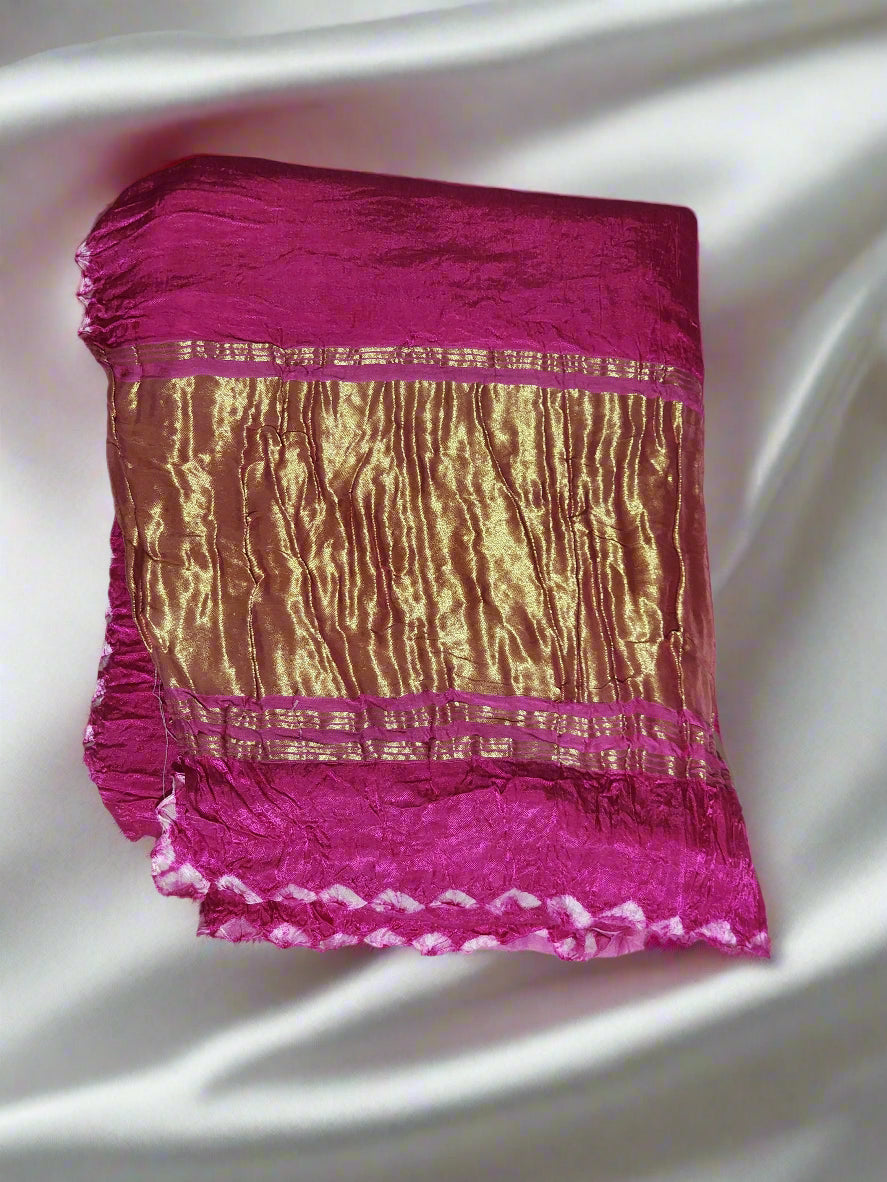 Pink Bandhani Modal Saree with Golden Panels