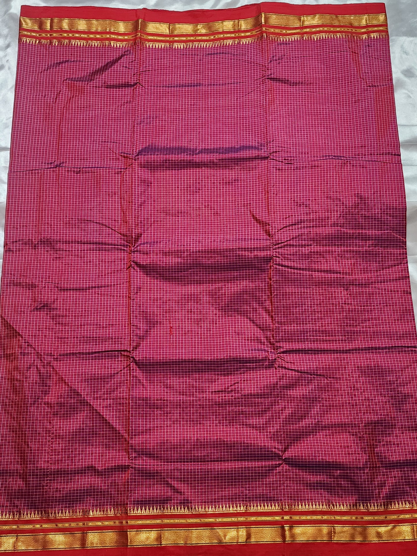 Pink Checks Ilkal Saree with Green-Gold Border
