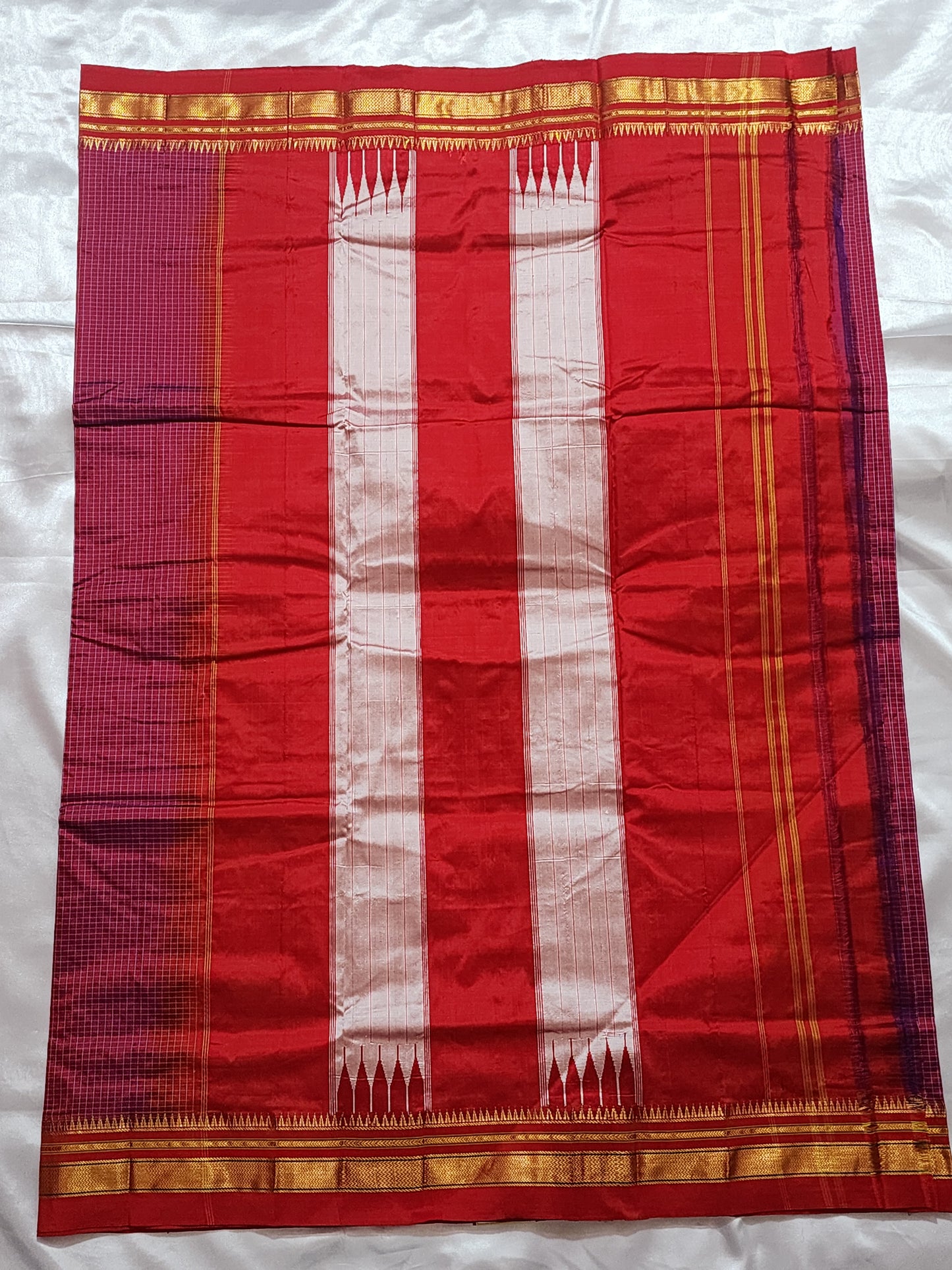 Pink Checks Ilkal Saree with Green-Gold Border