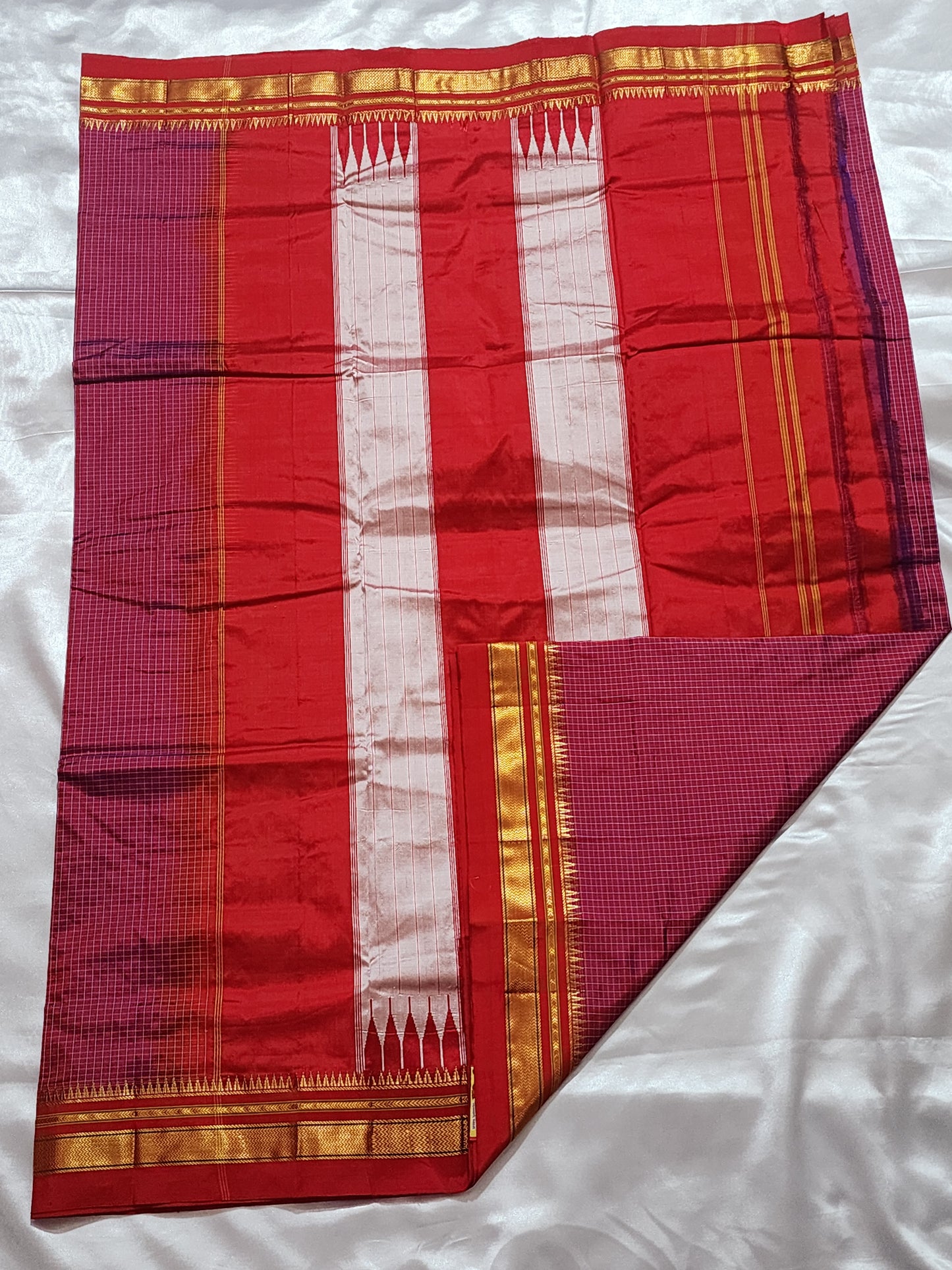 Pink Checks Ilkal Saree with Green-Gold Border