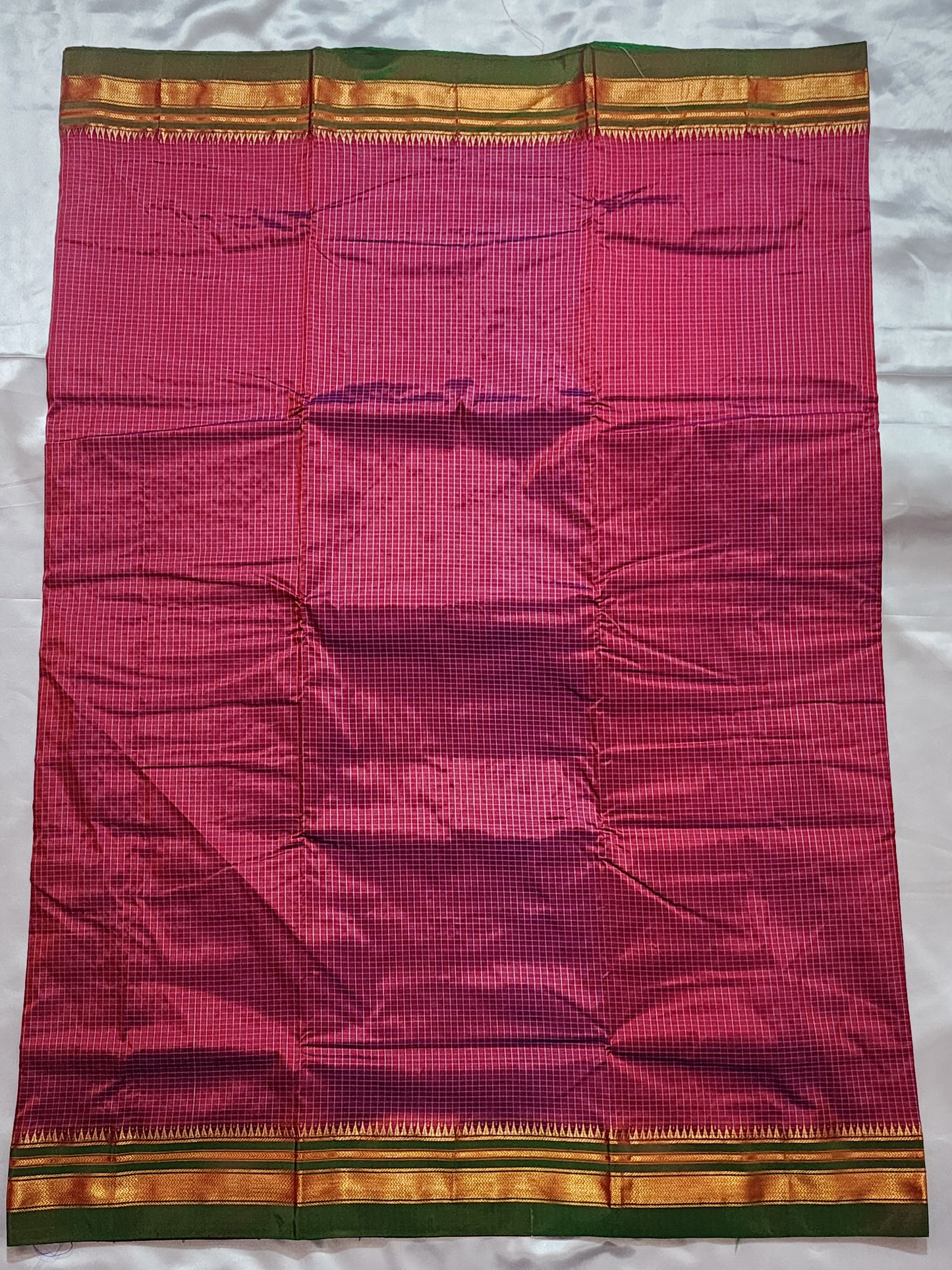 Pink Checks Ilkal Saree with Green-Gold Border