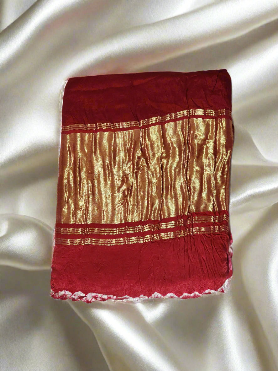 Red Bandhani Modal Saree with Golden Panels and Shibori Edging