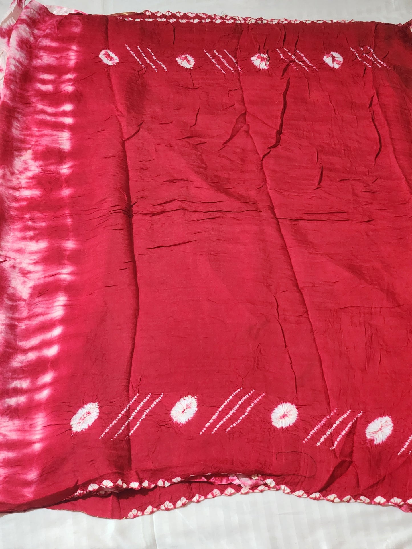 Red Bandhani Modal Saree with Golden Panels and Shibori Edging