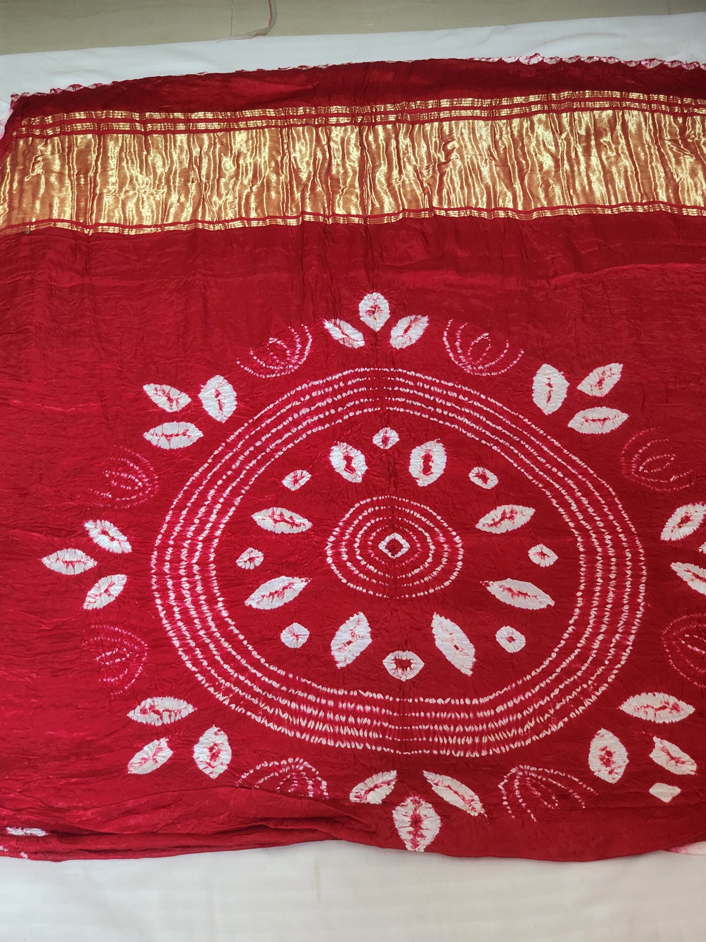 Red Bandhani Modal Saree with Golden Panels and Shibori Edging