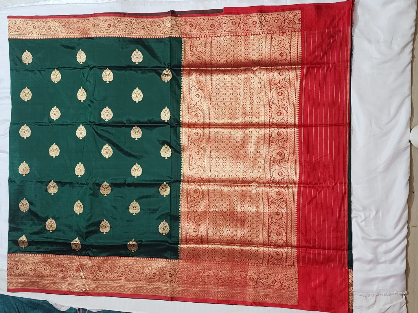 Bottle Green Banarasi Silk Saree with Golden Leaf Motifs