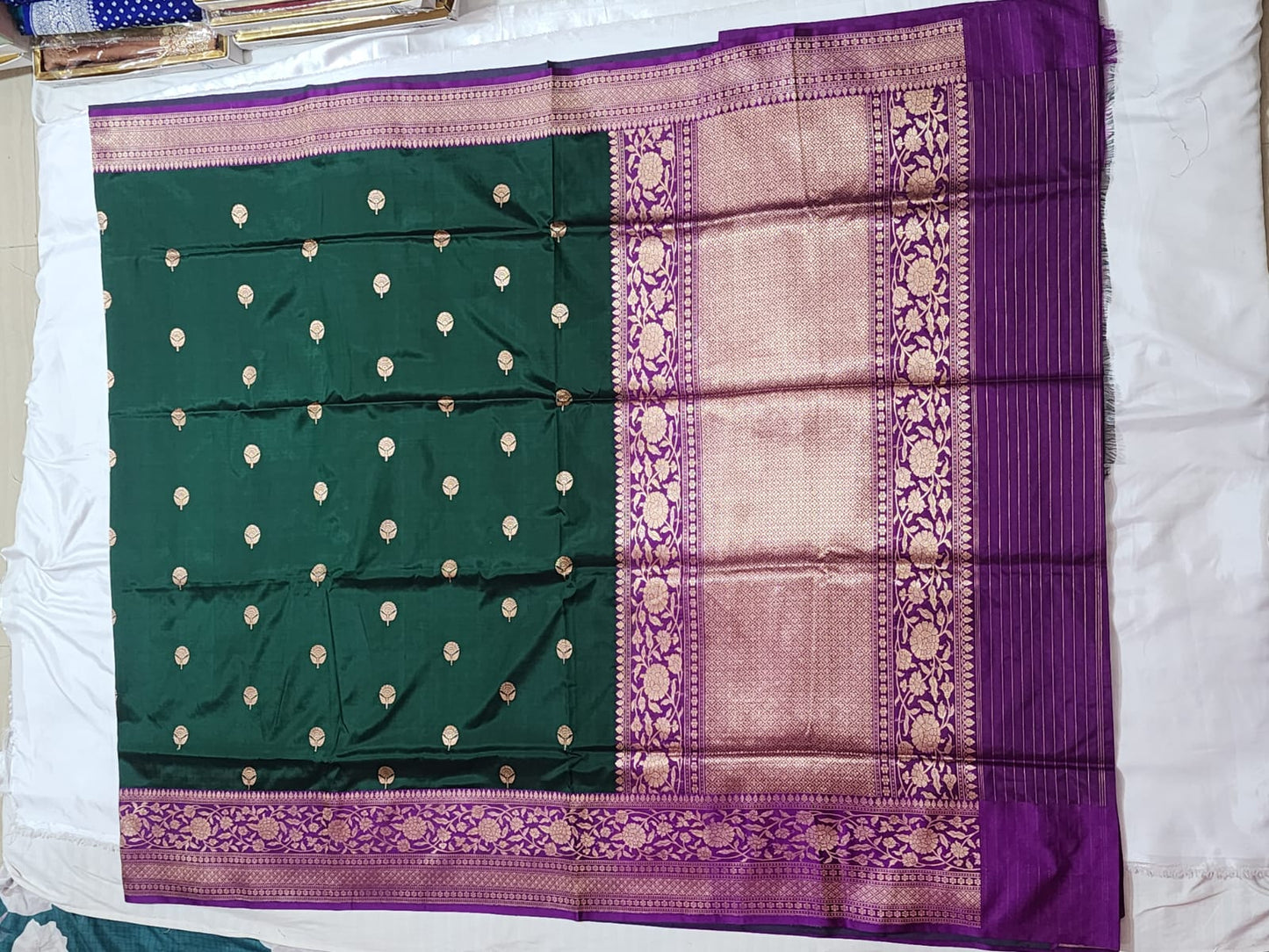 Bottle Green Banarasi Silk Saree with Delicate Gold Motifs