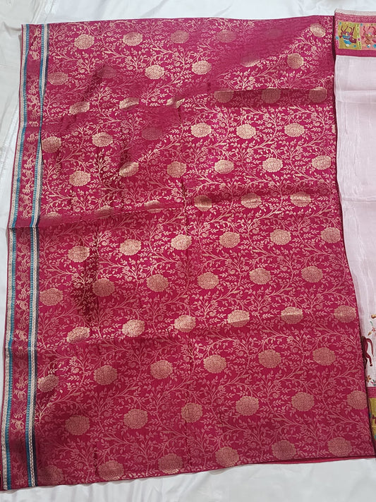 Off-white Body with Pink Border Dola Silk Saree