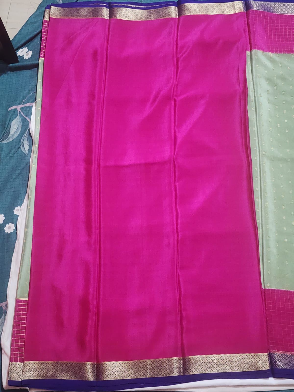Pistachio Green & Magenta Pink Mysore Silk
