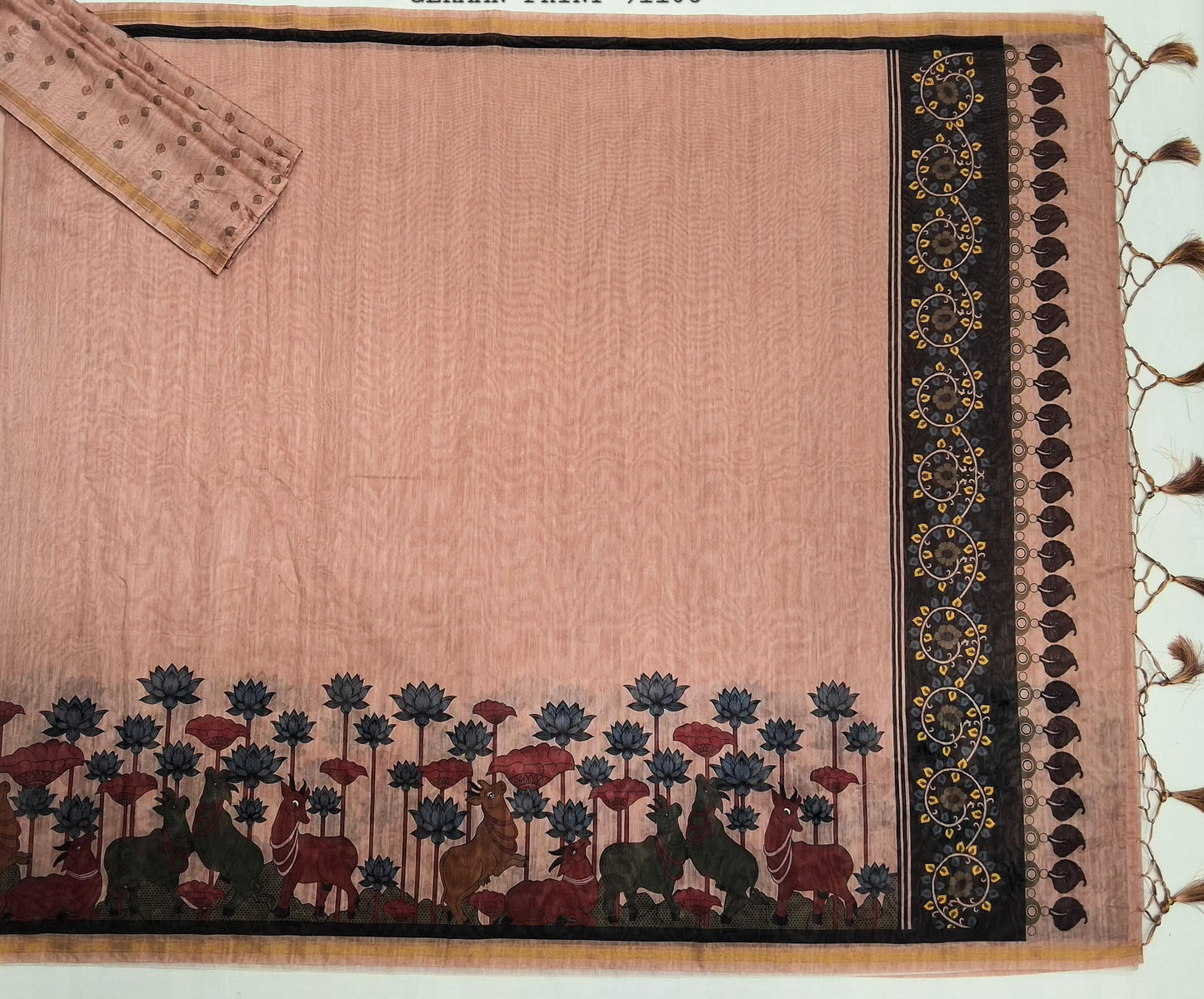 Blush Pink German Print Saree with Deer and Lotus Motif