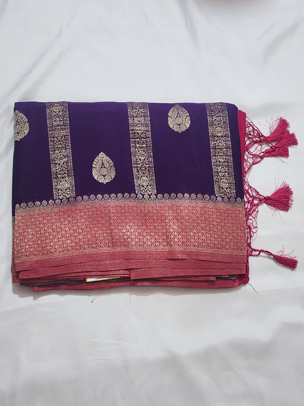 Royal Purple with Rani Pink Border Khadi Georgette Banarasi Saree
