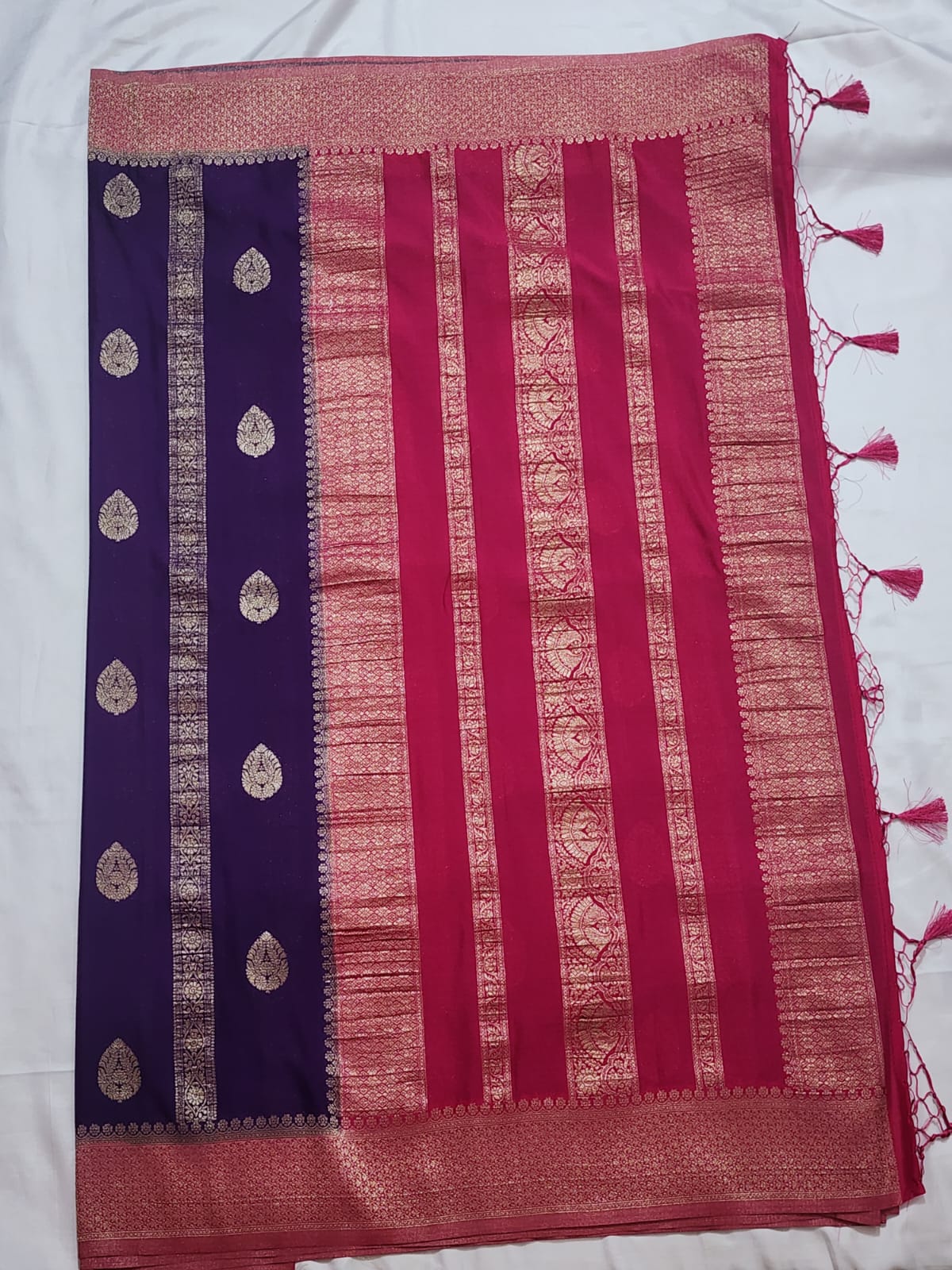 Royal Purple with Rani Pink Border Khadi Georgette Banarasi Saree