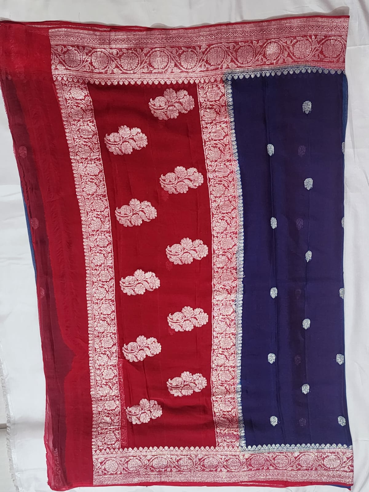 Royal Blue with Red & Silver Zari Border Khadi Chiffon Banarasi Saree