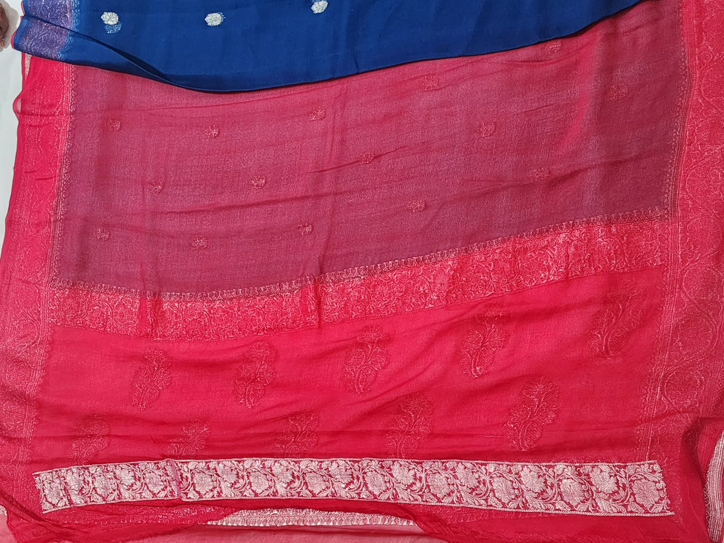 Royal Blue with Red & Silver Zari Border Khadi Chiffon Banarasi Saree