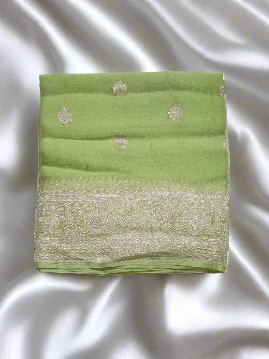 Pistachio Green with Silver Zari Border Khadi Chiffon Banarasi Saree