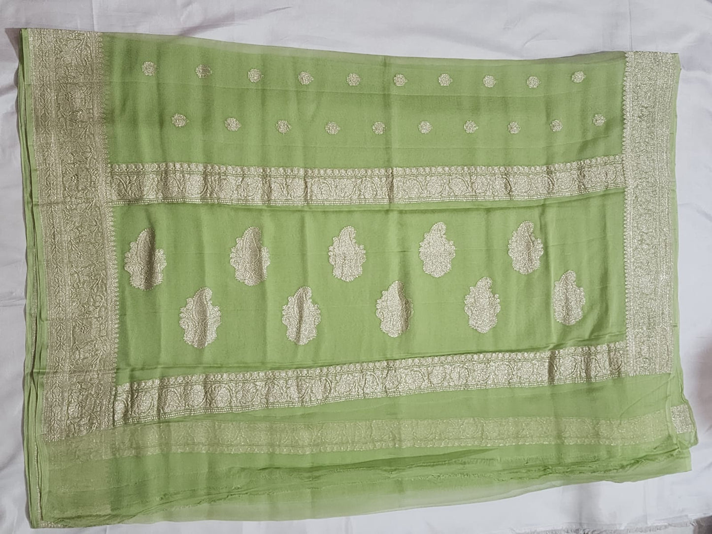 Pistachio Green with Silver Zari Border Khadi Chiffon Banarasi Saree