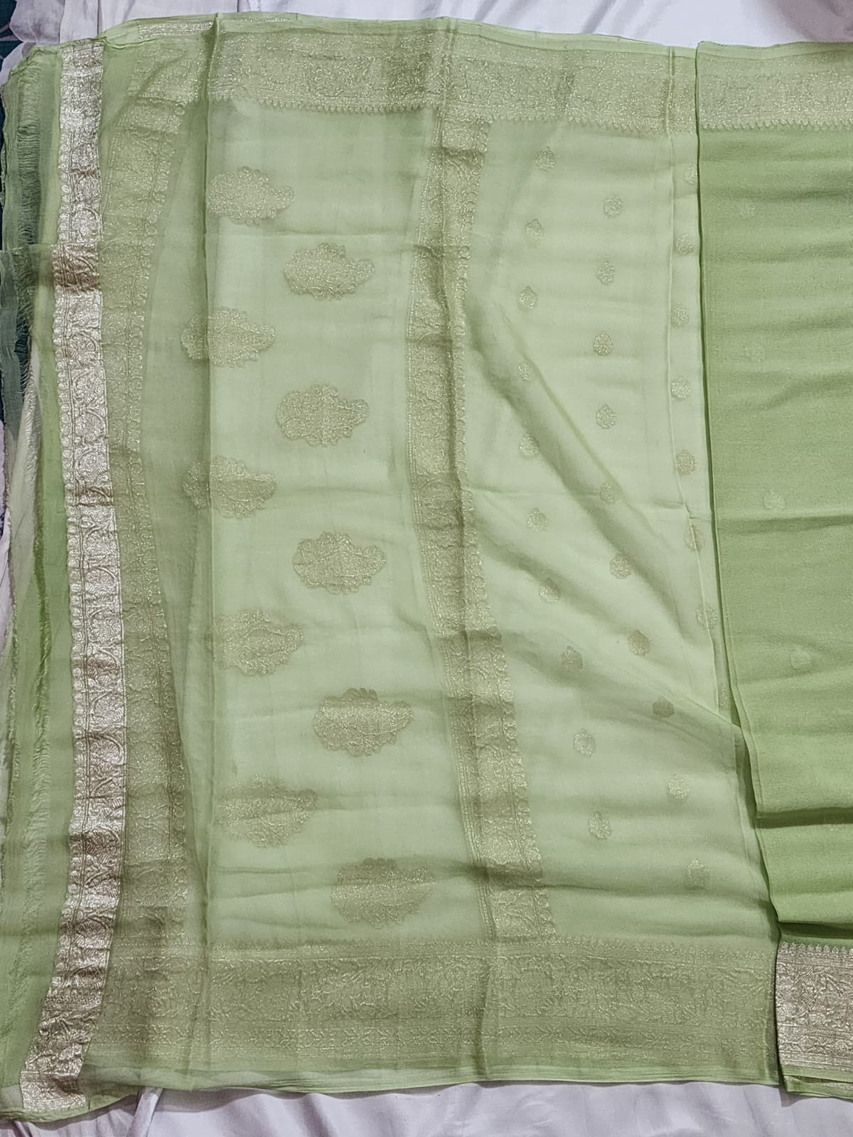 Pistachio Green with Silver Zari Border Khadi Chiffon Banarasi Saree