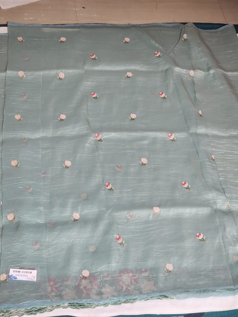 Pastel Mint Green with Multicolour Floral Embroidery Organza Saree