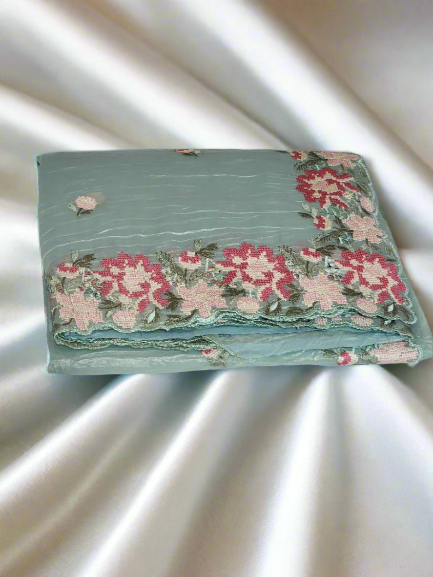 Pastel Mint Green with Multicolour Floral Embroidery Organza Saree